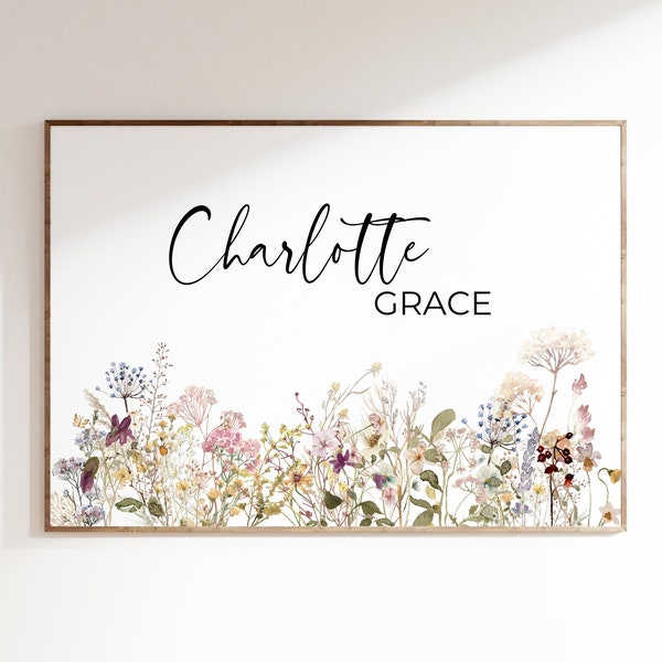 CUSTOM Wildflower Nursery Baby Name Sign, Boho Floral Prints, Neutral Nursery Wall Art, Baby Girl Nursery, Botanical Print, Above Crib Decor