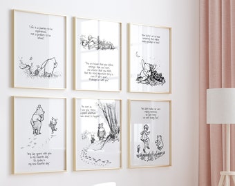 Set of 6 Classic Winnie The Pooh Poster Boy Nursery Decor, Winnie the Pooh Baby Shower, Winnie the Pooh and Friends, Winnie the Pooh Quotes
