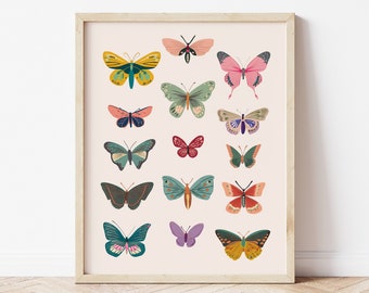 Boho butterflies, vintage nursery printable art, girl’s room decor, retro butterfly poster, country nursery print, neutral wall art modern