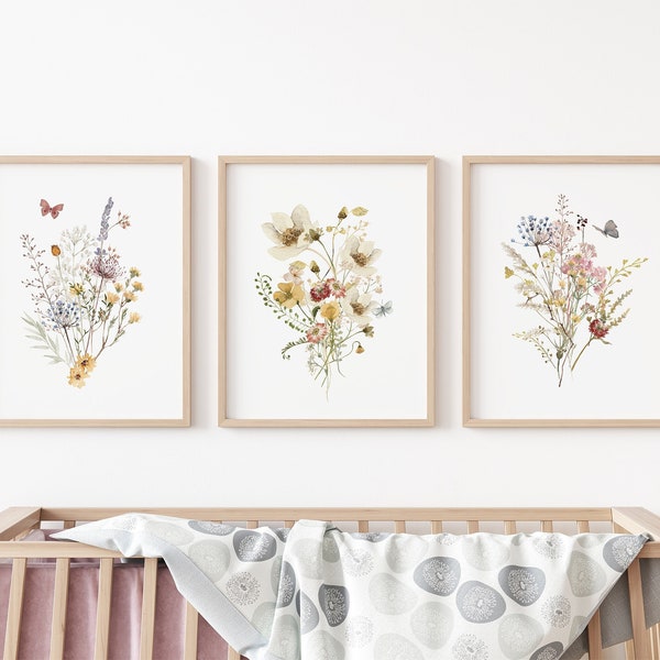 Ensemble de 3 impressions de pépinière de fleurs sauvages Boho, Art mural floral neutre, idées de chambre de bébé fille, ensemble d'impression florale, douche de bébé de fleurs sauvages, prairie