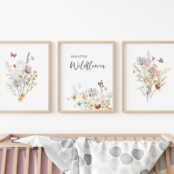 Set of 3 Our Little Wildflower Boho Nursery Prints, Neutral Nursery Wall Art Girl, Baby Girl Nursery, Floral Print Set, Above Crib Decor