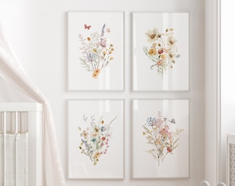 Set of 3 Boho Wildflower Nursery Prints, Neutral Floral Wall Art, Baby ...