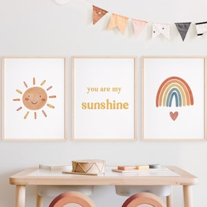 You Are My Sunshine Set of 3 Nursery Print, Boho Nursery Wall Art, You Are My Sunshine Baby Shower Gift, Boho sunshine nursery decor neutral