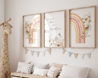 Boho Rainbow Wildflower Watercolor Prints Floral Nursery Wall - Etsy