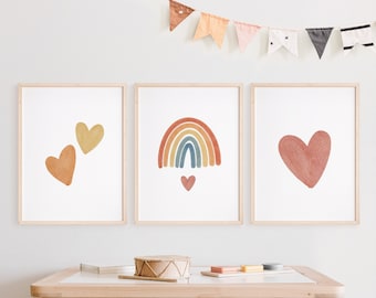 Boho Rainbow Nursery Wall Art Rainbow Prints Set of 3, Cute Heart Decor, Little Girls Room Decor, Rainbow Printable Wall Art for girl room