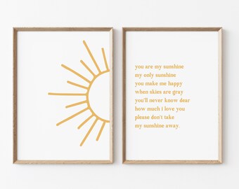 You Are My Sunshine Set of 2 Nursery Prints, Nursery Wall Art, You are my Sunshine Artwork, Sun Nursery Artwork, Boho Nursery Artwork