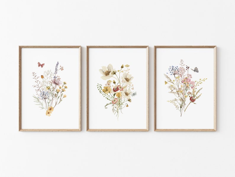 Set of 3 Boho Wildflower Nursery Prints, Neutral Floral Wall Art, Baby ...
