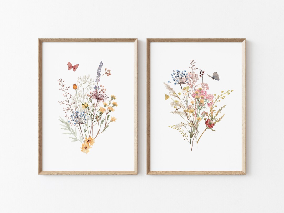 Set of 2 Boho Wildflower Nursery Prints, Neutral Floral Wall Art, Baby ...