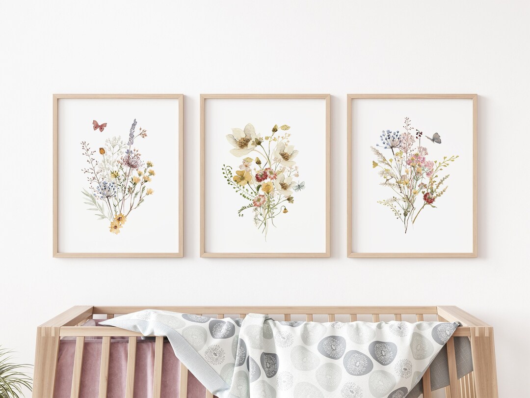 Set of 3 Boho Wildflower Nursery Prints, Neutral Floral Wall Art, Baby ...