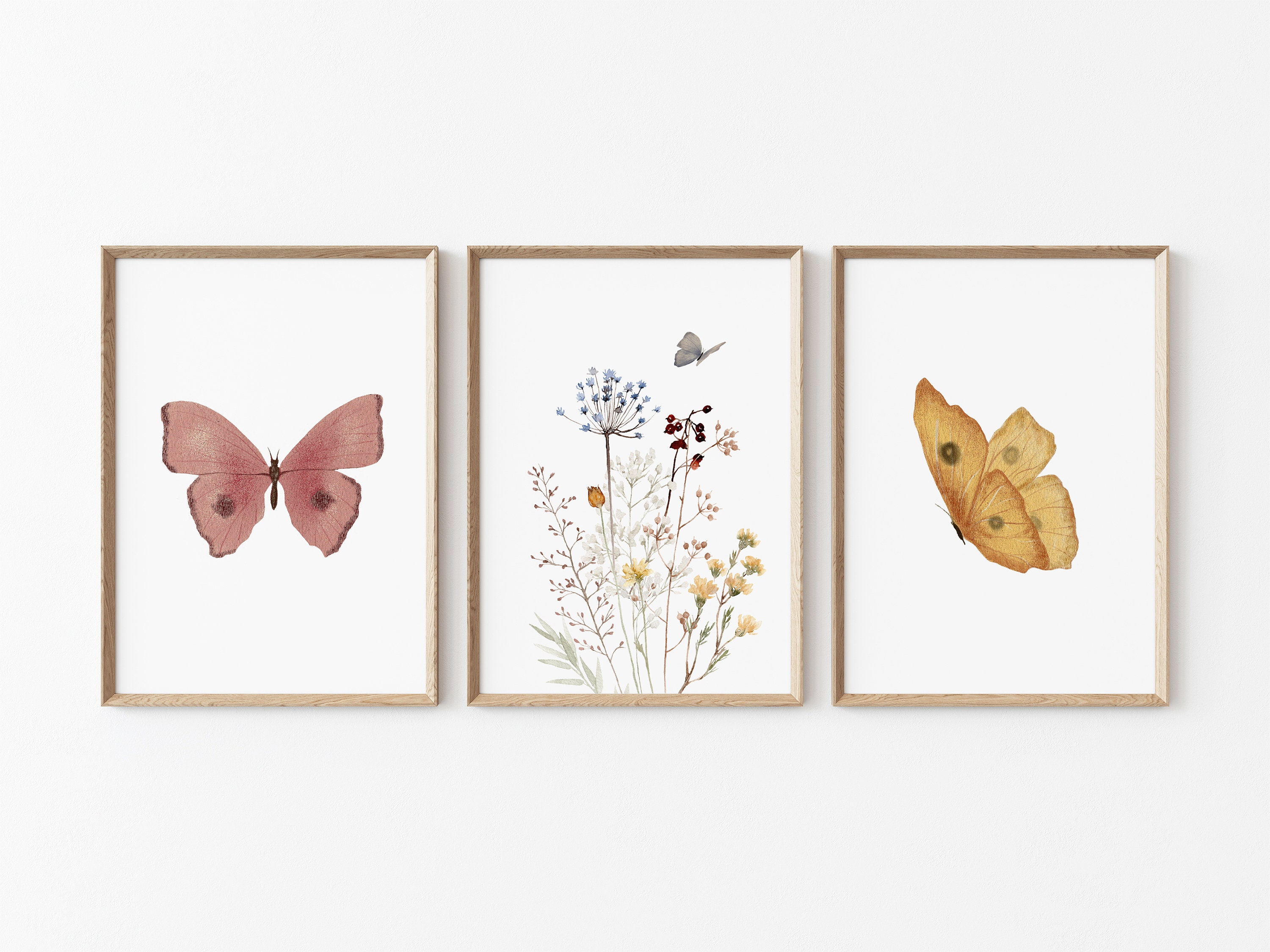 Set of 3 Boho Wildflower Butterfly Nursery Prints, Neutral Floral Wall ...