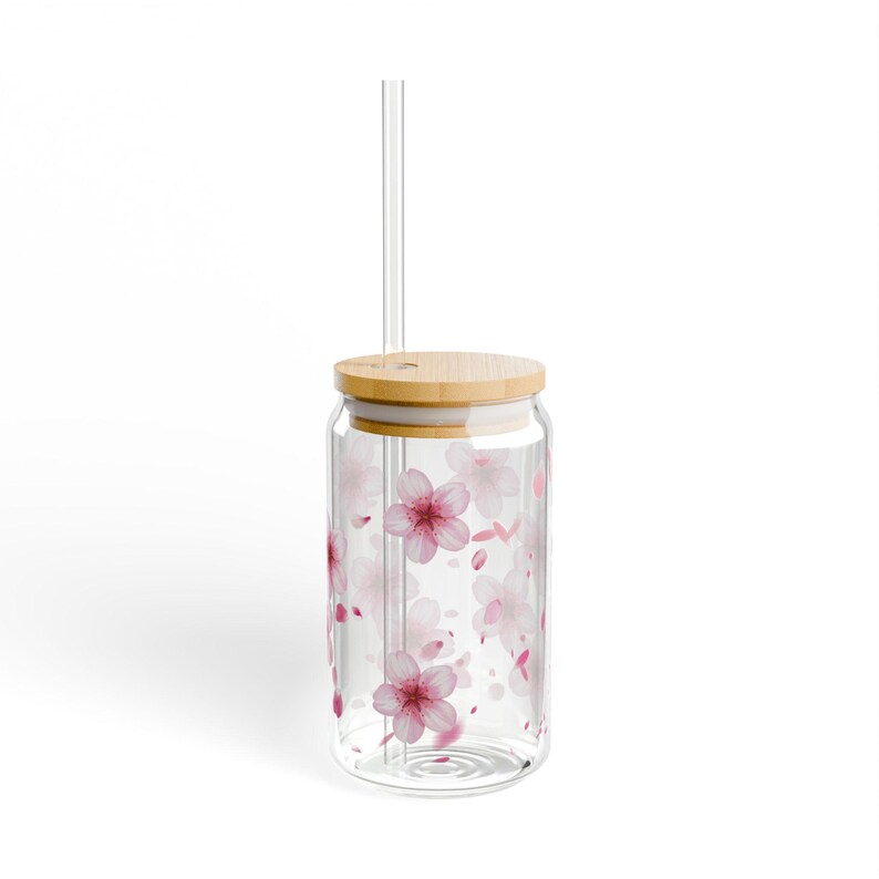 Cherry Blossom Glass Cup 16oz | Floral Iced Coffee Cup With Bamboo Lid ...