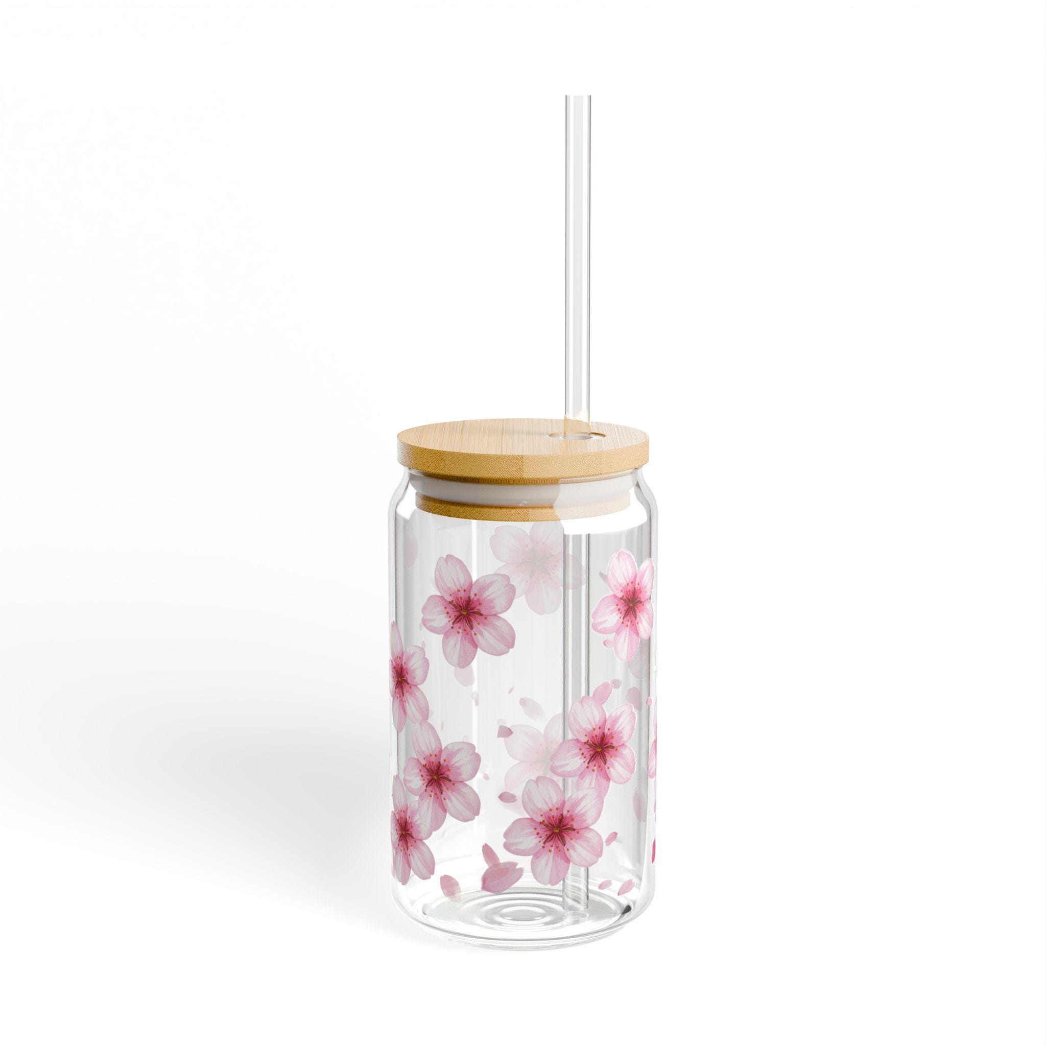 Cherry Blossom Glass Cup 16oz | Floral Iced Coffee Cup With Bamboo Lid ...