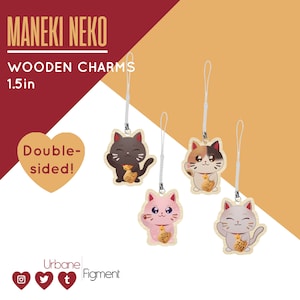 Amuletos de madera para teléfono Maneki Neko / Amuletos de gato lindo / Amuletos de protección para gatitos