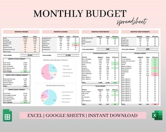 Monthly Budget Spreadsheet for Google Sheets, Excel Budget Planner, Paycheck Budget, Weekly Budget Template, Personal Finance Budget Tracker