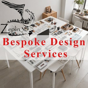 May include: A white table with various design samples and tools, including pens, rulers, and small containers. The text "Bespoke Design Services" is displayed in red. The logo for Zeplin 3D is visible in the upper left corner.