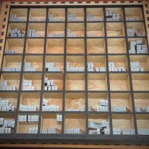 May include: A wooden printing block with a black frame and a grid of compartments filled with metal letterpress type. The type is arranged in alphabetical order.