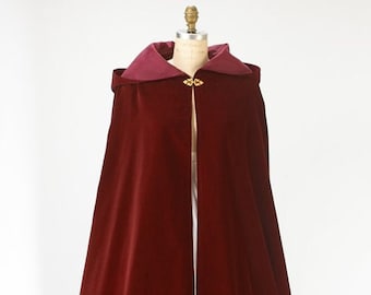 Burgundy Red Velvet Cloak with Hood and Satin Lining in Renaissance Style, Made in USA