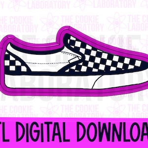 May include: A 3D printable STL file for a checkerboard patterned shoe. The shoe is outlined in purple.