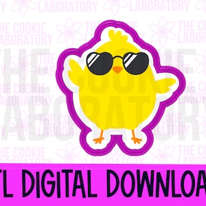 May include: A digital download STL file for a 3D printed cookie cutter shaped like a yellow chick wearing sunglasses. The chick is standing with its wings out and has a happy expression.