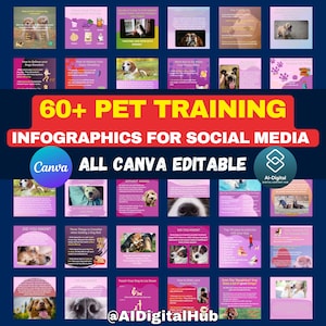 Oltre 60 post di addestramento per cani Infografiche per Instagram Pinterest Social Media Canva Modelli modificabili Infografiche per cani da compagnia Post su Instagram