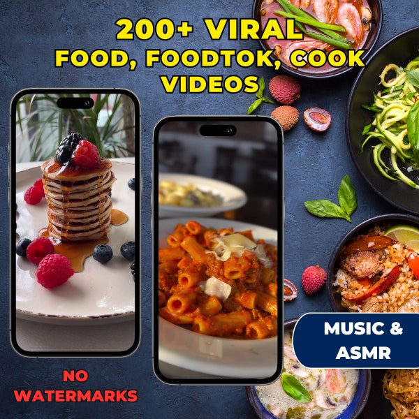 Plus de 200 aliments viraux, Foodtok, vidéos de cuisine pour TikTok Instagram YouTube I Modifiable Canva I Musique, ASMR I Sans filigrane I Délicieux