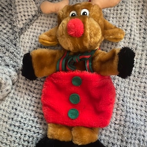 Vintage Christmas Stocking Reindeer Plush Hand Puppet Santas Best Brown