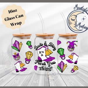 Boots & Bling Mardi Gras 16oz Glass Can Wrap, Sublimation Design Téléchargement numérique, Mardi Gras Ring Pop Jar Template, Mardi Gras Tumbler PNG