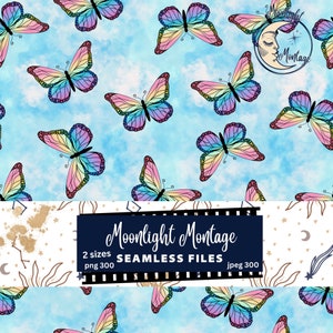 May include: A repeating pattern of butterflies with rainbow wings on a light blue, cloudy backdrop. The butterflies are outlined in black. The image includes the text "Moonlight Montage" and "SEAMLESS FILES".