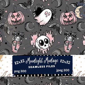 May include: Seamless pattern featuring Halloween-themed illustrations. The design includes pink pumpkins, ghosts, bats, skulls, and crescent moons on a gray background. The text "12x12 Moonlight Montage" is also present.