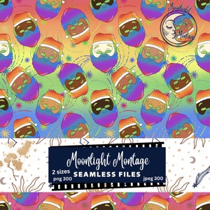 May include: A seamless pattern featuring stylized Santa Claus faces with rainbow-colored beards and hats. The background is a gradient of orange, yellow, green, and blue. The image also includes the text "Moonlight Montage" and "Seamless Files".