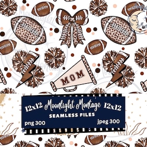 May include: A seamless pattern featuring brown and white footballs, cheerleading pom-poms, megaphones with the word "MOM" on them, and leopard print bows. The background is white.