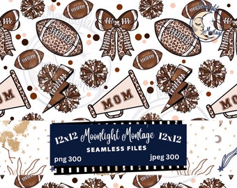 Leopard Print Coquette Sport Bow Football Mom 12x12 Seamless Pattern, Cute Football Pom Pom Repeating Design Instant Digital Download PNG