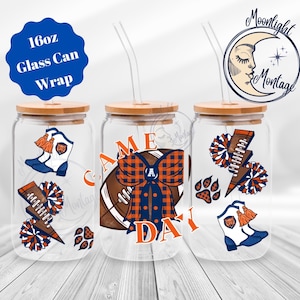 Fall Southern College Football Game Day 16oz glazen blikje beker wrap, coquette blauwe en oranje strik plastic pot wrap instant digitale download
