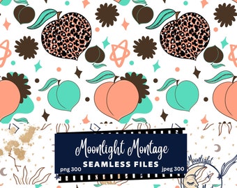 Boho Peach Seamless Pattern Design, Peaches And Mint Hearts Digital Paper, Peach And Mint Instant Download, High Resolution PNG & JPEG