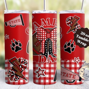 Vaso delgado de 20 oz con lazo Coquette de fútbol del sur, sublimación del día del partido, descarga digital PNG de fútbol rojo y negro