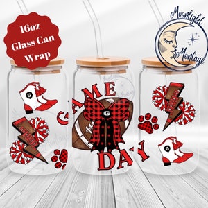 Fall Southern College Football Game Day 16oz glazen blikje beker wrap, coquette rode en zwarte strik plastic pot wrap instant digitale download, png