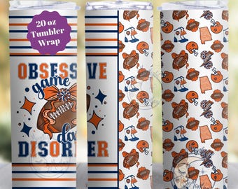 Southern Football Coquette Bow 20oz Skinny Tumbler Wrap, Game Day-sublimatie 20 Ounce Tumbler, blauwe en oranje voetbal digitale png-download