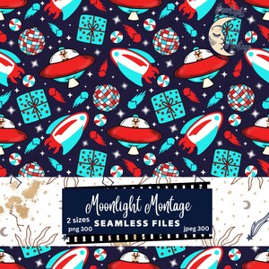 Puede incluir: Patrón sin costuras con cohetes rojos y azules, ovnis con renos, cajas de regalo y adornos sobre un fondo azul oscuro. El diseño incluye estrellas y cometas, con el texto "Moonlight Montage" y detalles del archivo.