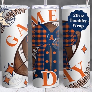 May include: A white 20 oz tumbler wrap featuring a football, a blue and orange checked bow, and the text "Game Day".