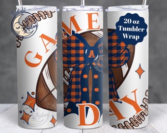 Southern Football Coquette Bow 20oz Skinny Tumbler Wrap, Game Day-sublimatie 20 Ounce Tumbler, blauwe en oranje voetbal digitale download