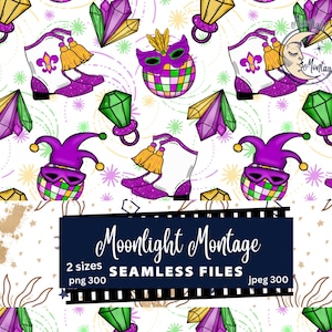 Puede incluir: Patrón sin costuras con ilustraciones temáticas de Mardi Gras. Incluye sombreros de bufón morados, máscaras, botas con flor de lis y gemas sobre un fondo blanco. También está presente el texto "Moonlight Montage".