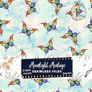 Può includere: File digitale senza cuciture con un motivo ripetuto di farfalle vibranti con ali arcobaleno su uno sfondo azzurro e nuvoloso. L'immagine include il testo "Moonlight Montage" e "Seamless Files".