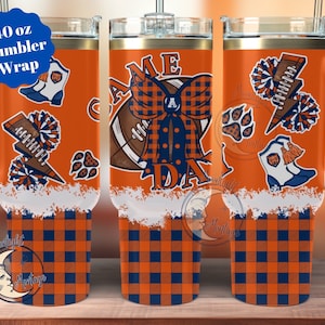 Verontruste Southern Football Coquette Bow 40oz Tumbler Wrap, Game Day-sublimatie 40oz Tumbler Wrap, blauwe en oranje geruite digitale download