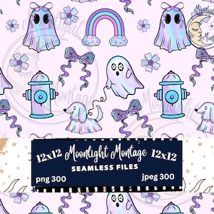 Puede incluir: Patrón sin costuras con ilustraciones de fantasmas, arcoíris, flores, lazos, bocas de incendio y perros en colores pastel. El diseño incluye el texto "12x12 Moonlight Montage SEAMLESS FILES png 300 jpeg 300" en un rectángulo azul marino.