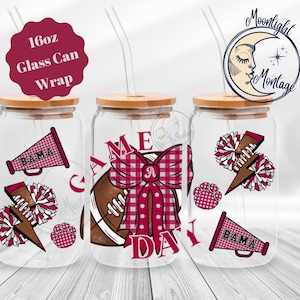 Fall Southern College Football Game Day 16oz glazen blikje beker wrap, coquette Crimson & grijze strik plastic pot wrap instant digitale download