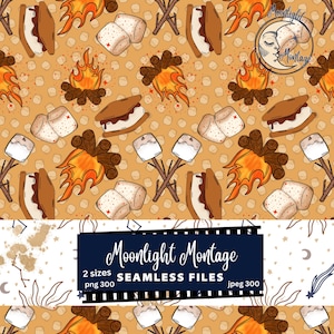 May include: A seamless pattern featuring a campfire, marshmallows, and s'mores. The background is a light brown color with small white dots. The pattern is perfect for use in crafting projects, scrapbooking, and digital design.