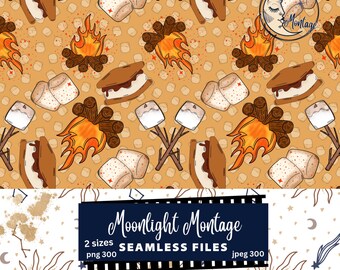 Autumn Campfire & Smores 12x12 Seamless Digital Pattern, Fall Bonfire Bliss With Marshmallow Background, Fall Vibes 300 dpi Instant Download