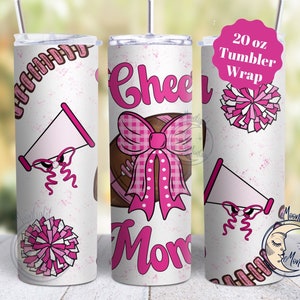 Cheer Mom 20 Unzen Skinny Tumbler Design, Pink Kokette Ginghamschleife, Fußball Pom Poms & Megaphon Digitaler Download PNG Tumbler Wrap
