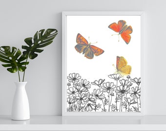 Puede incluir: Una impresión enmarcada en blanco con un fondo blanco que presenta tres mariposas naranjas y un dibujo de línea negra de un campo de flores.