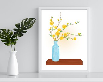 May include: A white frame containing a print of a blue vase with yellow flowers on a wooden shelf. The flowers are arranged in a simple, elegant style.